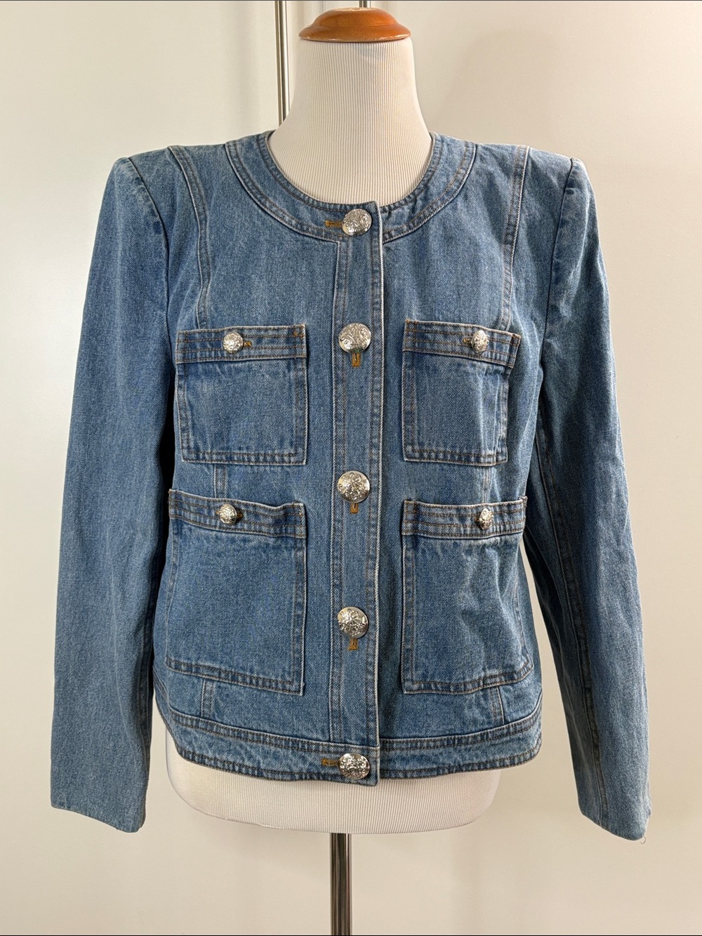 Veronica Beard Collarless Denim Jacket with Silver Crest Embossed Buttons |12